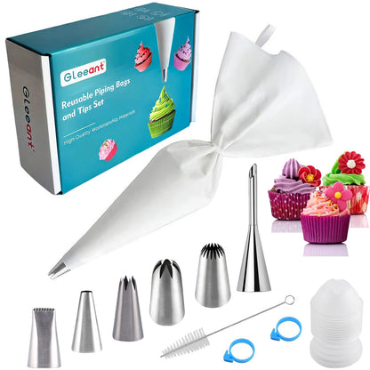 Reusable Cotton Piping Bags and Tips Set- GleeAnt Frosting Piping Kit for Baking 6pcs Large Stainless Icing Tips for Cake Decorating- 16inch Pastry Bags,Coupler I Professional Cupcake Kit (11)