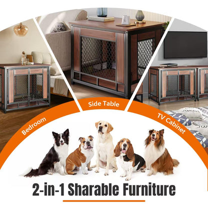 Dog Crate Furniture, 41'' Wooden Dog Kennel Furniture Indoor with Double Doors, Decorative Dog Cage End Table for Medium Large Dogs,Modern Dog Crate with Multi-Purpose Removable Tray,Rustic Brown