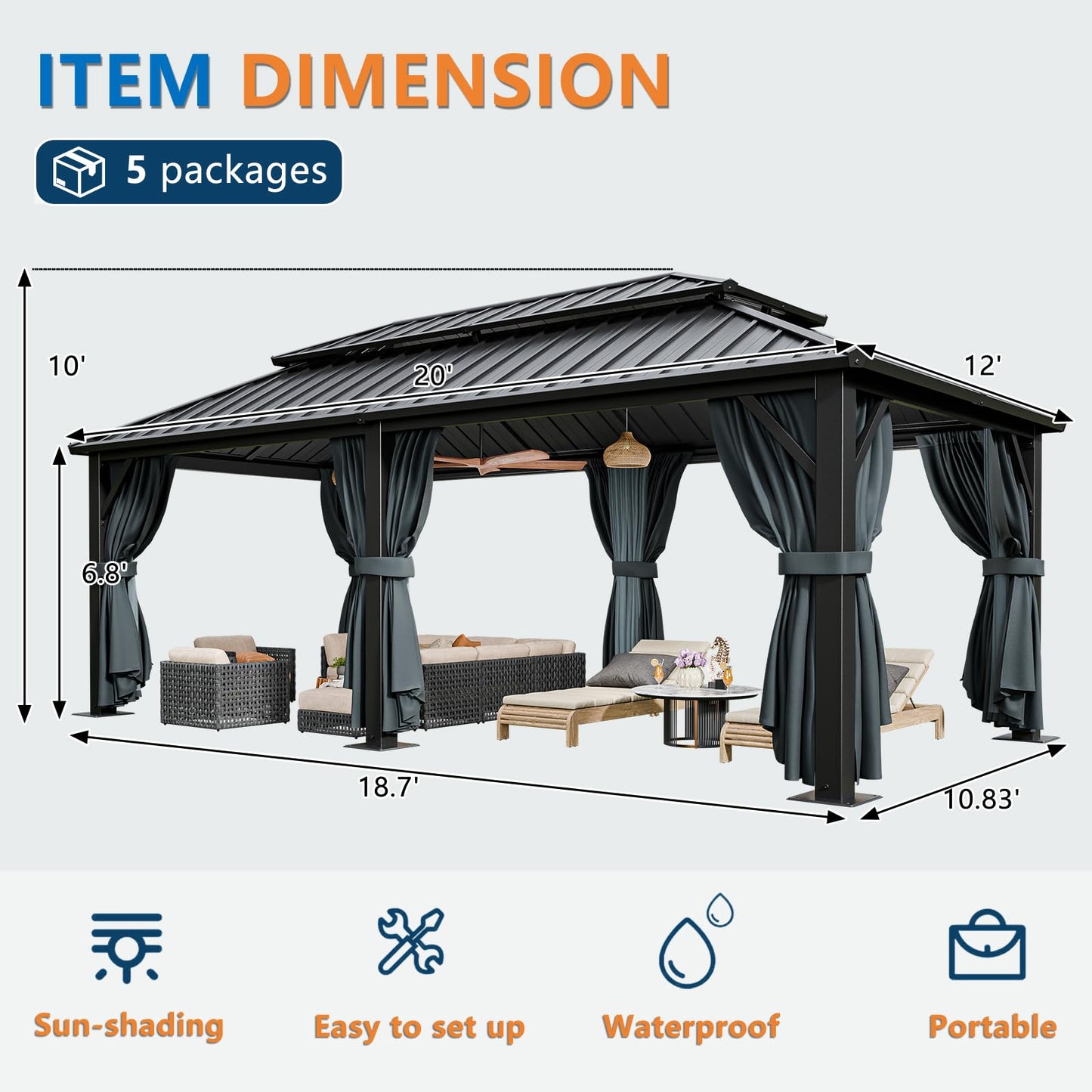 HOTEEL 12x20 Hardtop Gazebo on Clearance with Metal Roof, Heavy Duty Galvanized Steel Patio Hard Top Gazebos, Outdoor Permanent Screened in Gazebo with Curtains, for All-Weather, Backyarad, Black(Pro)