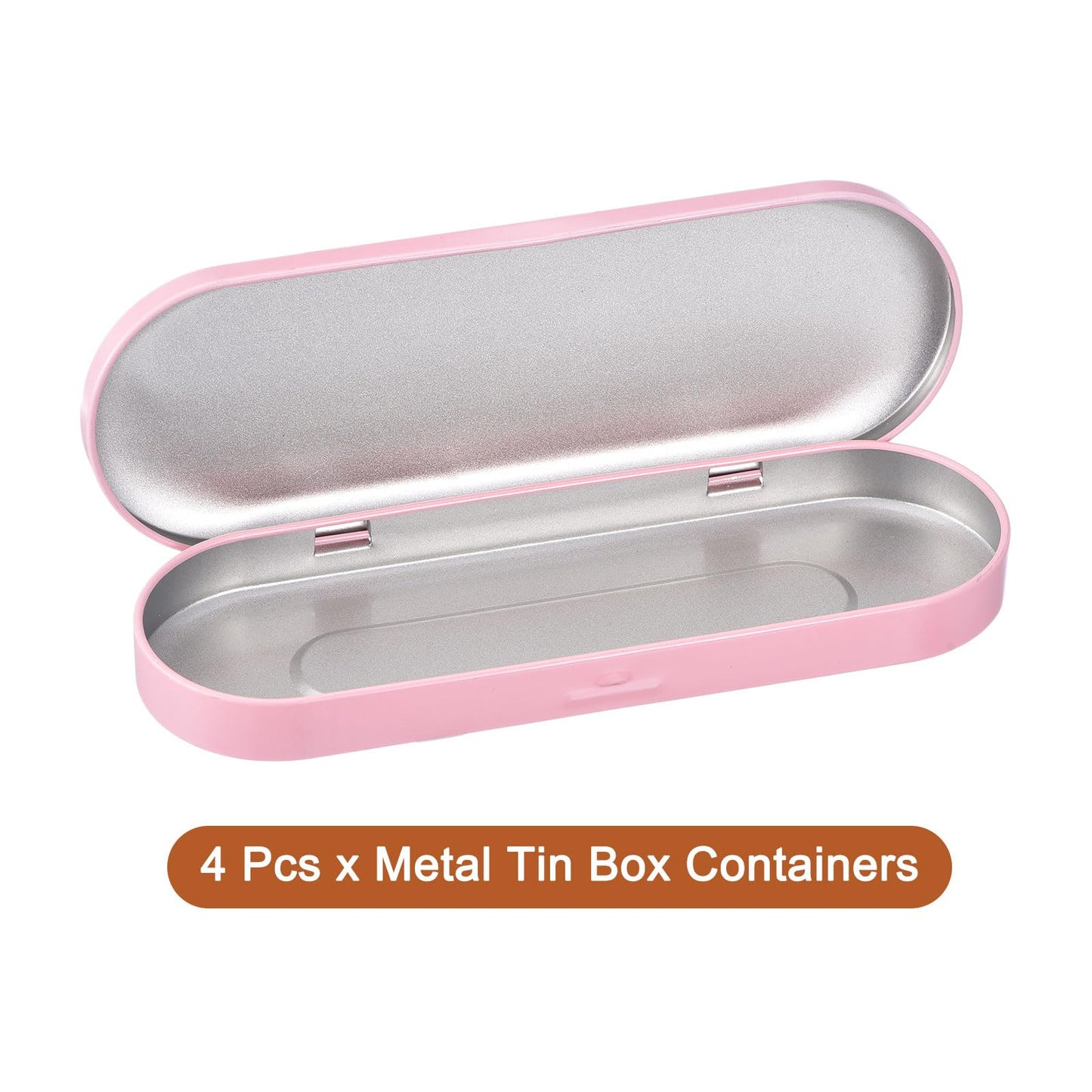 uxcell 4 Pcs Metal Tin Box Container, 6.9x2.4x0.7 Inch Oval Empty Hinged Lid Box Mini Portable Storage Containers for Candy Drawing Pin Crafts, Pink