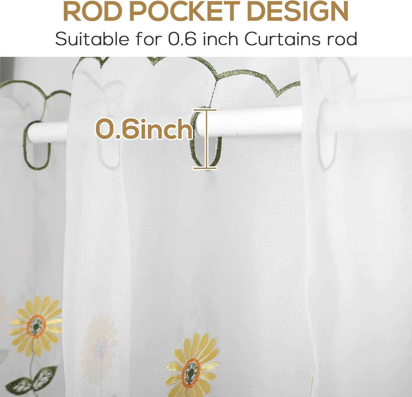 ZHH Sheer Embroidery Valance for Window with Daisy - Short White Kitchen Curtain, 1 Panel, 17x70inch