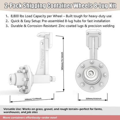 2-Pack Shipping Container Wheels Kit with 8 Lug Bolt-On Spindle,Heavy-Duty Shipping Container Axles for Up to 40ft Containers, 15000LB Capacity, Shipping Container Accessories (8 Lug x 6.5)