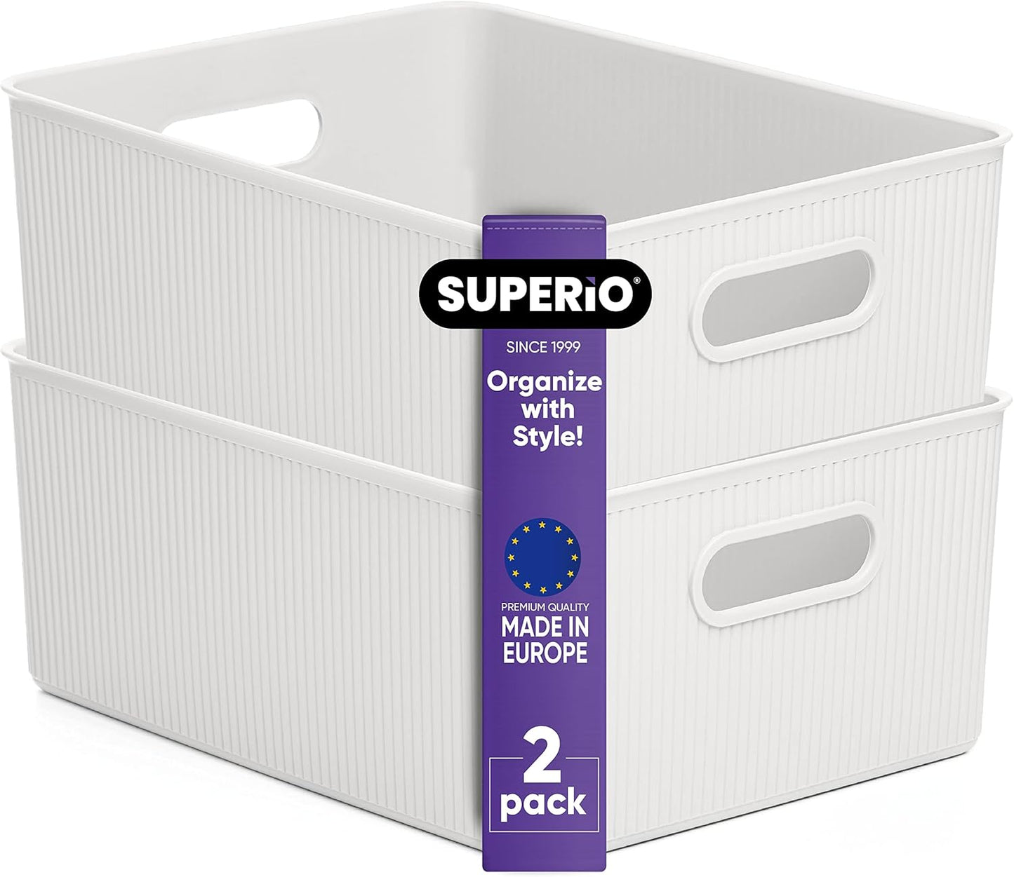 Superio Ribbed Collection - Large White Decorative Plastic Open Storage Bins, 2 Pack for Organizing