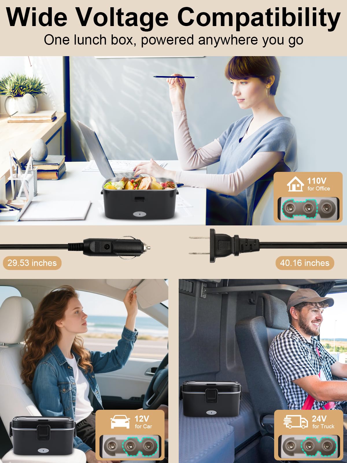 SOHIDA 1.8L+0.5L Heated Lunch Box for Men, 80W Electric Lunch Box with Long-handled Utensils for Adults, 12V/24V/110V Lonchera Eléctrica Portátil, Portable Food Warmer for Car/Truck/Office (Black)