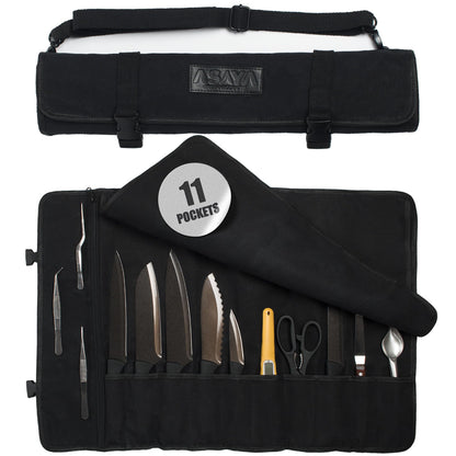 Asaya Waxed Canvas Chef Knife Roll Bag with 10 Slots and a Zipper Pocket - Professional Chef Knife Bag & Storage Case, with Shoulder Strap - Knives Not Included (Black)