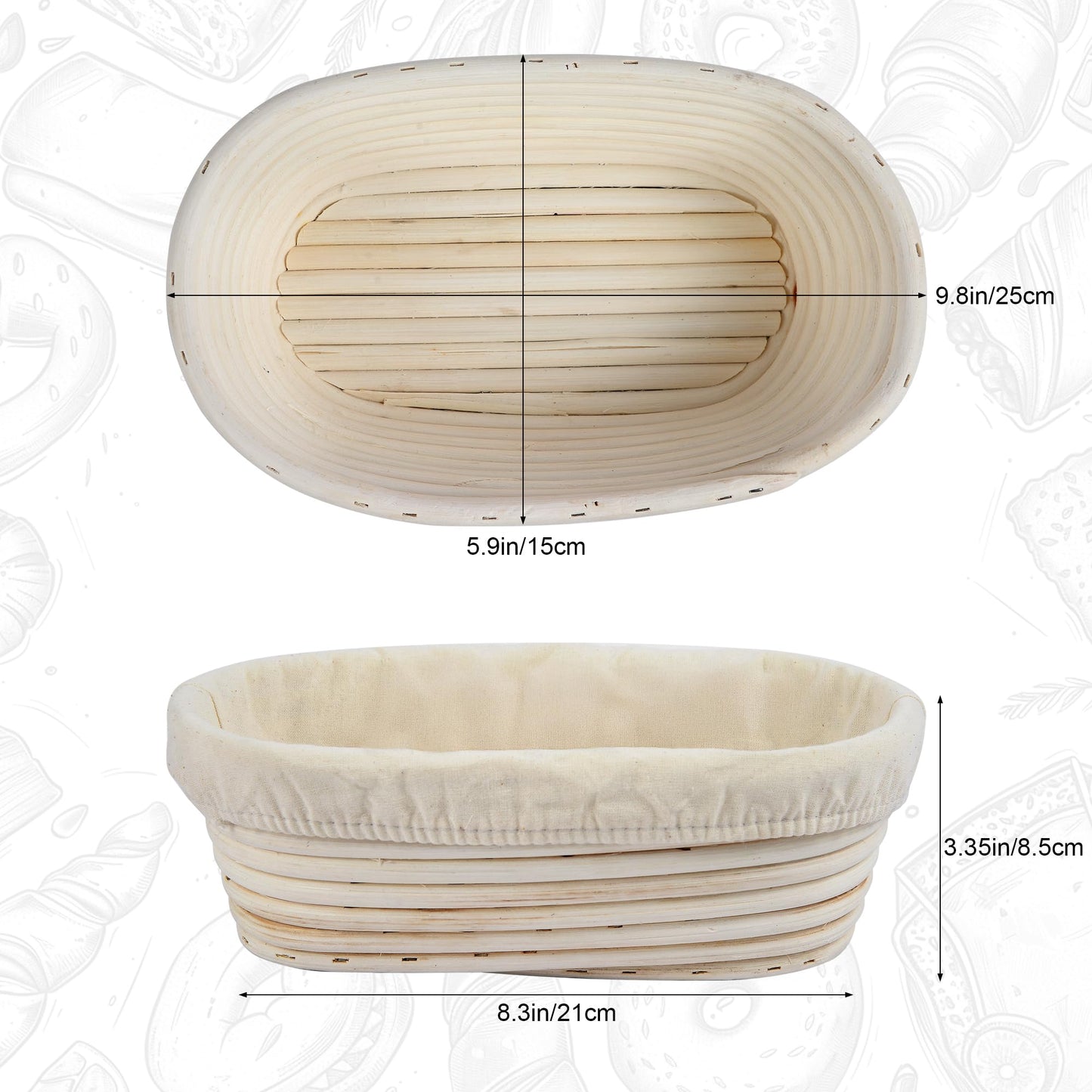 3Pcs Banneton Bread Proofing Basket, 10 inch Oval Banneton Basket,Sourdough Proofing Basket,Bread Bowl Handmade Rattan Baskets and Liners for Professional & Home Sourdough Bread Baking
