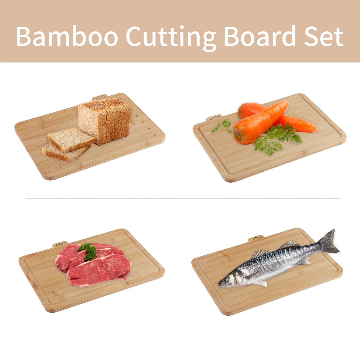 Fiery Chef 14.56"L x 11"W Bamboo Cutting Board Set of 4 - Wood Cutting Board Set with Holder, Chopping Boards Set with Food Icons, Juice Groove - Ideal for Meat, Fish, Bread, Vegetable, Fruit Chopping