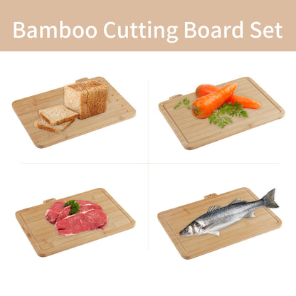 Fiery Chef 14.56"L x 11"W Bamboo Cutting Board Set of 4 - Wood Cutting Board Set with Holder, Chopping Boards Set with Food Icons, Juice Groove - Ideal for Meat, Fish, Bread, Vegetable, Fruit Chopping