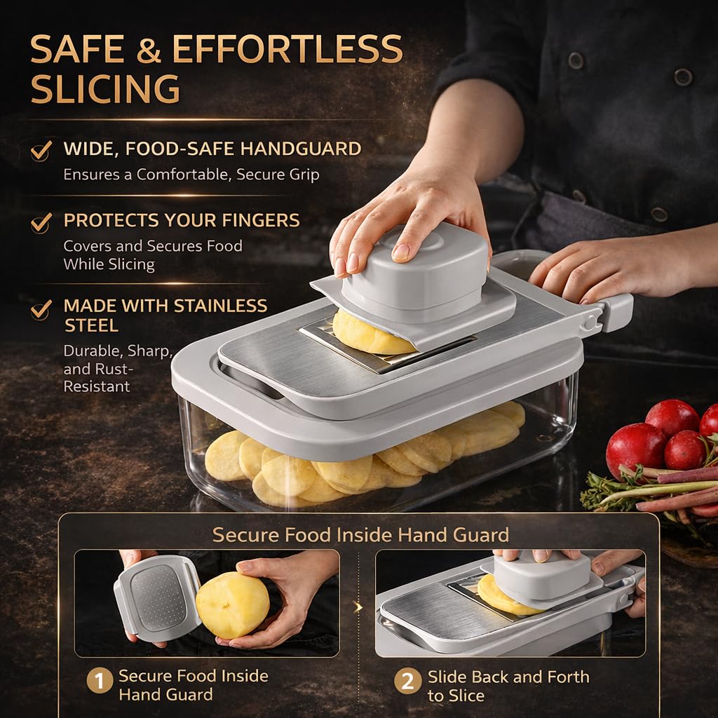 All-in-One Food Chopper & Mandoline Slicer, 9-in-1 Vegetable Chopper with Interchangeable Stainless Steel Blades, BPA-Free Manual Onion Dicer, Julienne & Grater with Container