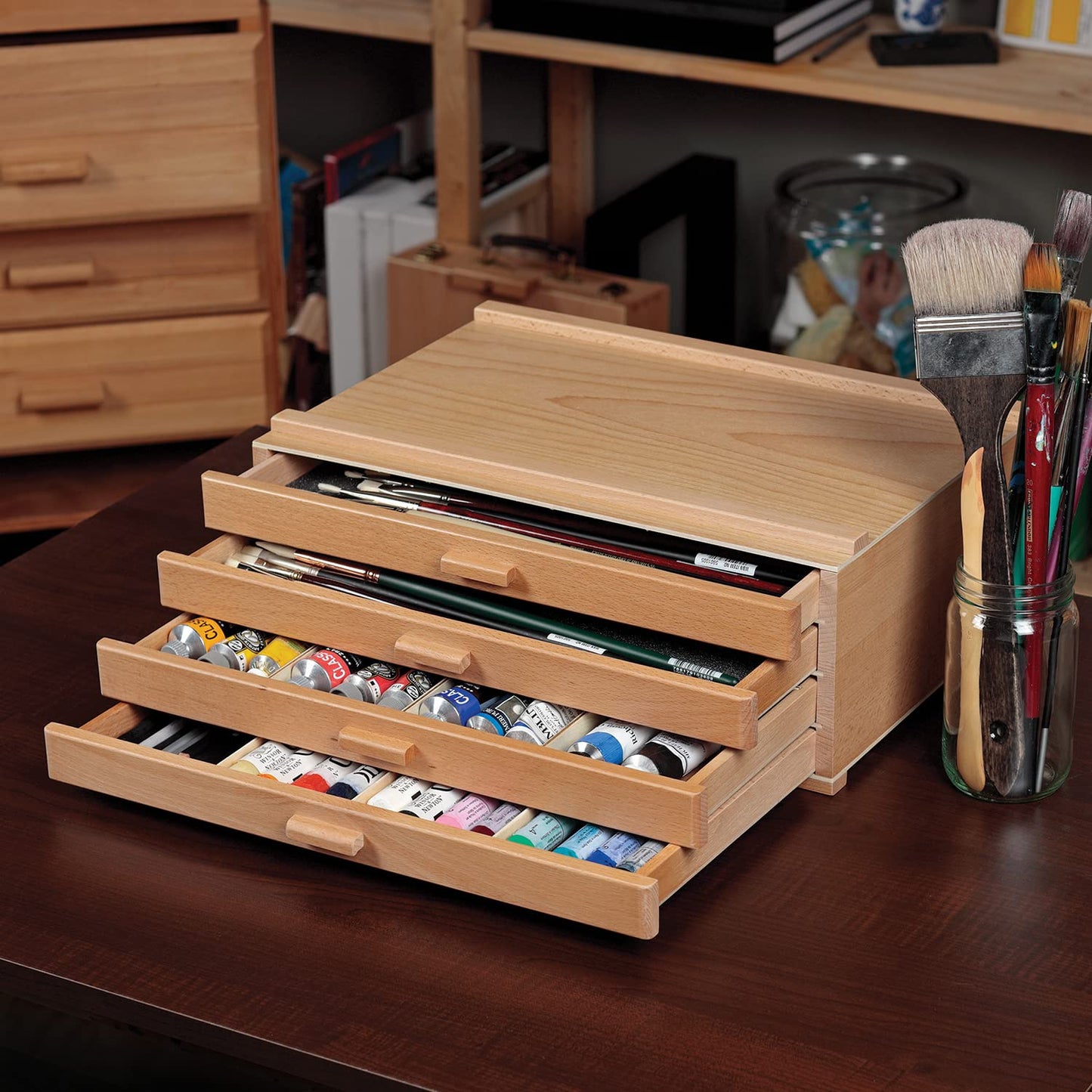 HG Art Concepts 4-Drawer Artist's Chest Craft Storage Box, Natural Birch Finish, Foam-Lined Drawers for Brushes, Removable Dividers, Sturdy Wood Construction, Stackable Solution