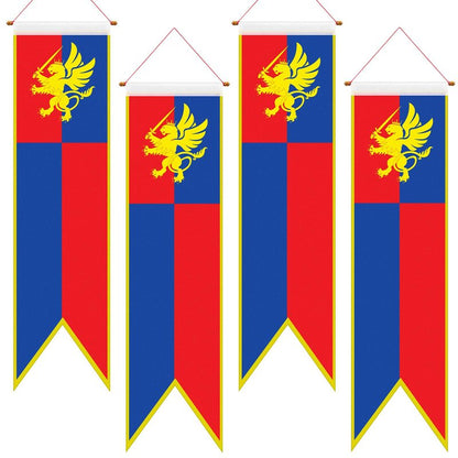 Oudain 4 ft Medieval Fantasy Pull-down Banner with Lion Design Hanging Party Bunting Banner Medieval Party Decorations Garden Cutouts Flag for Castle Theme Festival Birthday Decor(4 Pcs)