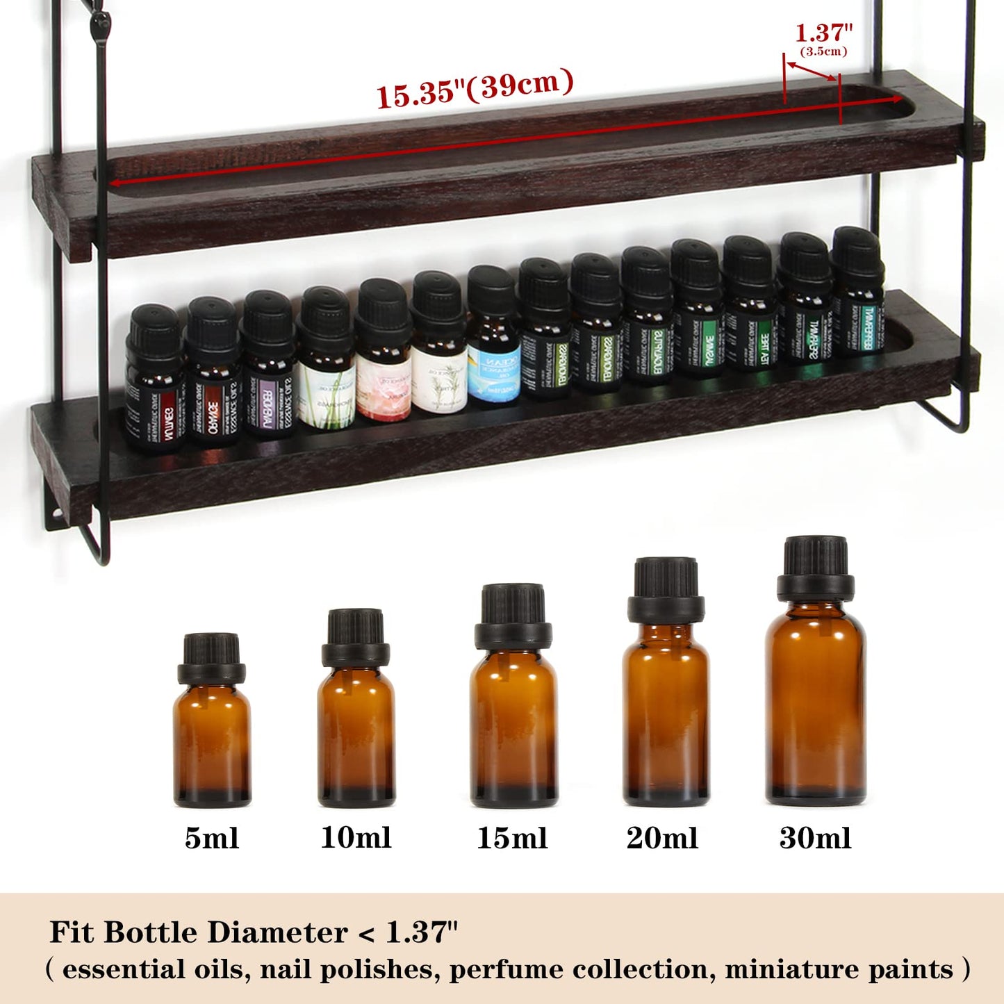 THYGIFTREE Essential Oil Storage Shelf Wall Mounted 16.9" Wooden Essential Oil Collection Display Rack Organizer 5 Tiers Holds 75 Bottles, Nail Polish Holder Paint Organizer