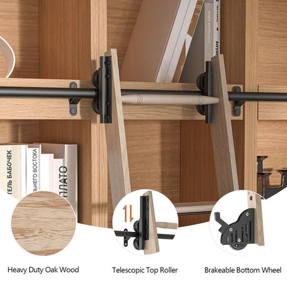 LKCBITION 95inch Oak Wood Ladder with 4ft Black Telescopic Roller Hardware on Sliding Library Ladder, Bottom Wheel with Brakes(Installation Height 89-3/4")