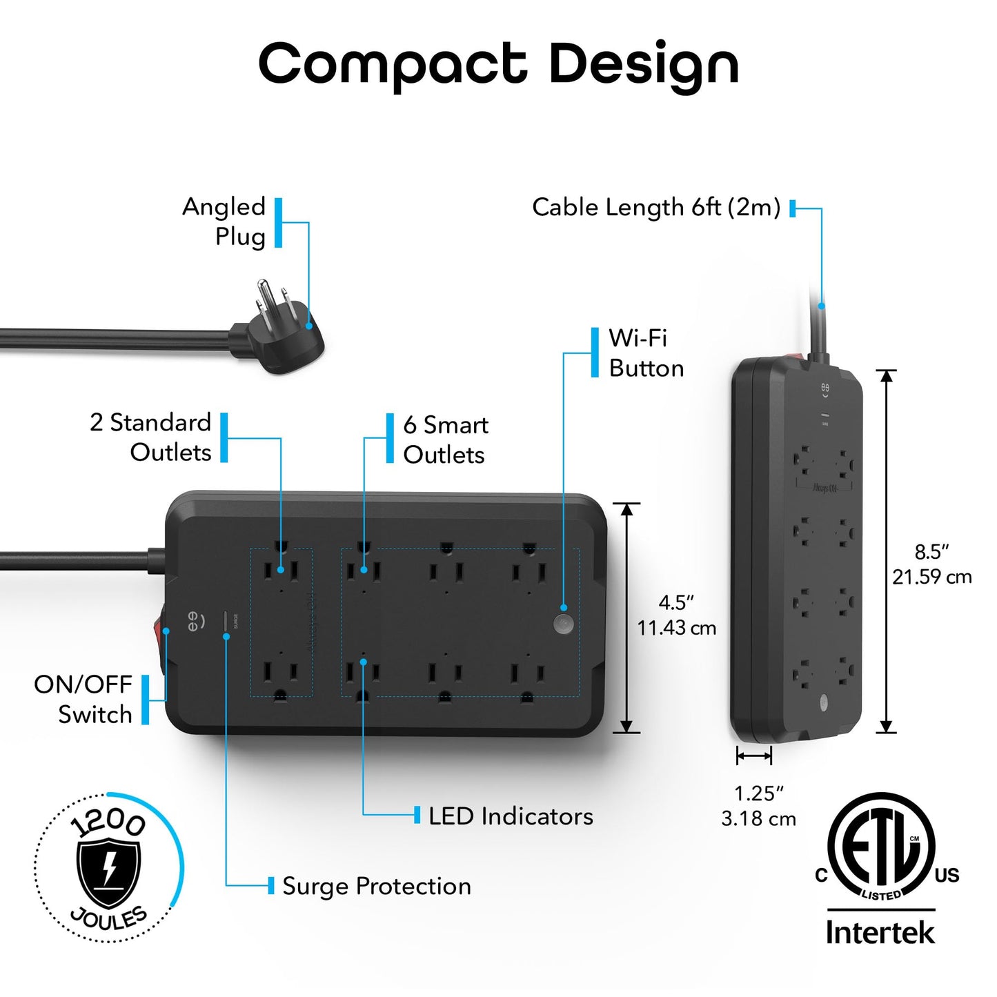 Geeni Smart Plug Power Strip, 6 Outlets and 2 USB Ports, 6 ft. Cord, Surge Protector with Voice Control, WiFi Control, Compatible with Alexa & Google Home, No Hub Required, Black