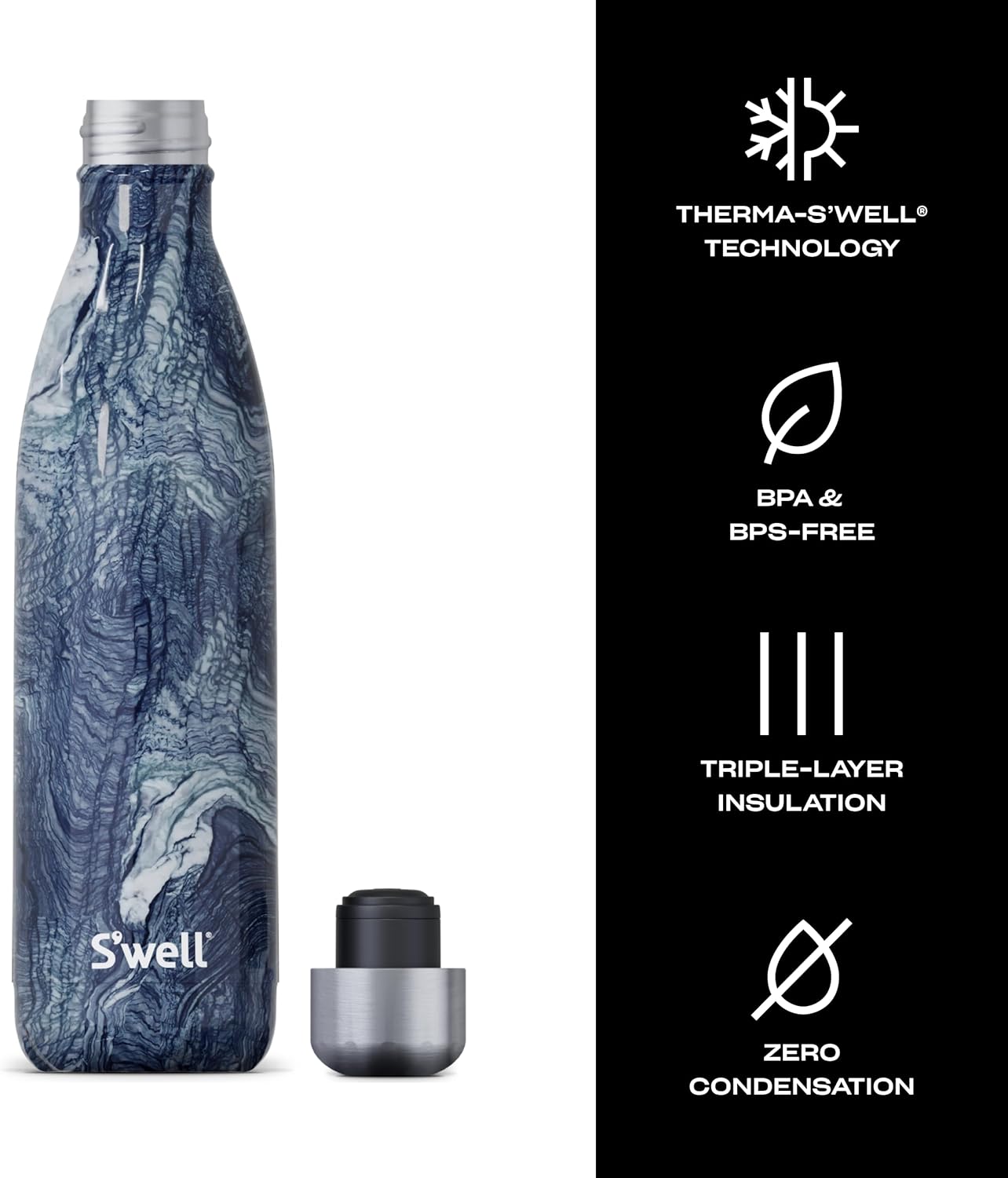 S'well Stainless Steel Water Bottle, 25oz, Azurite Marble, Triple Layered Vacuum Insulated, Keeps Drinks Cold for 48