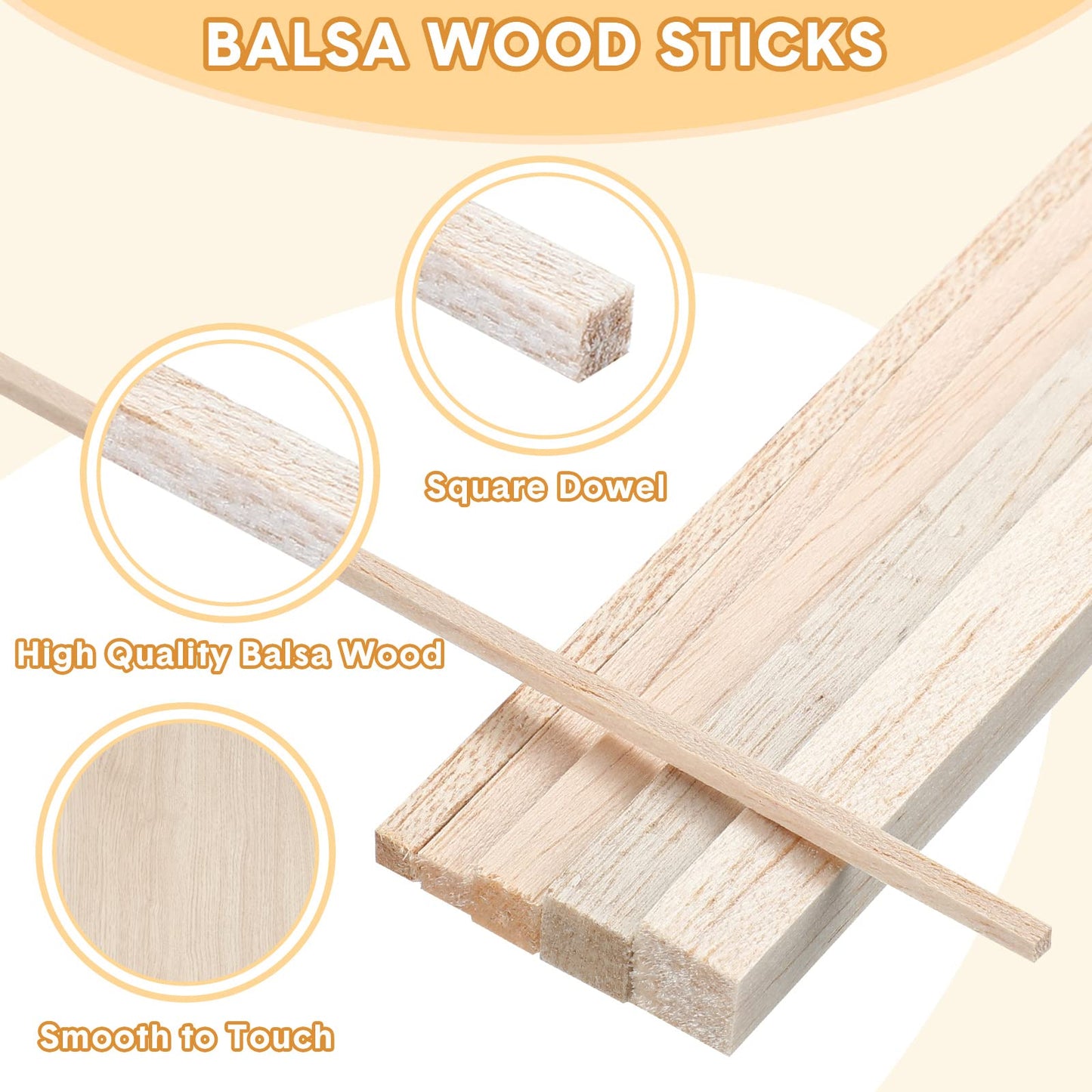 Yulejo 215 Pieces Balsa Wood Sticks Wooden Dowel Rods Square Hardwood Unfinished Wooden Strips for DIY Molding Crafts Projects Making(1/8, 3/16, 1/4, 5/16, 3/8, 1/2 Inch)