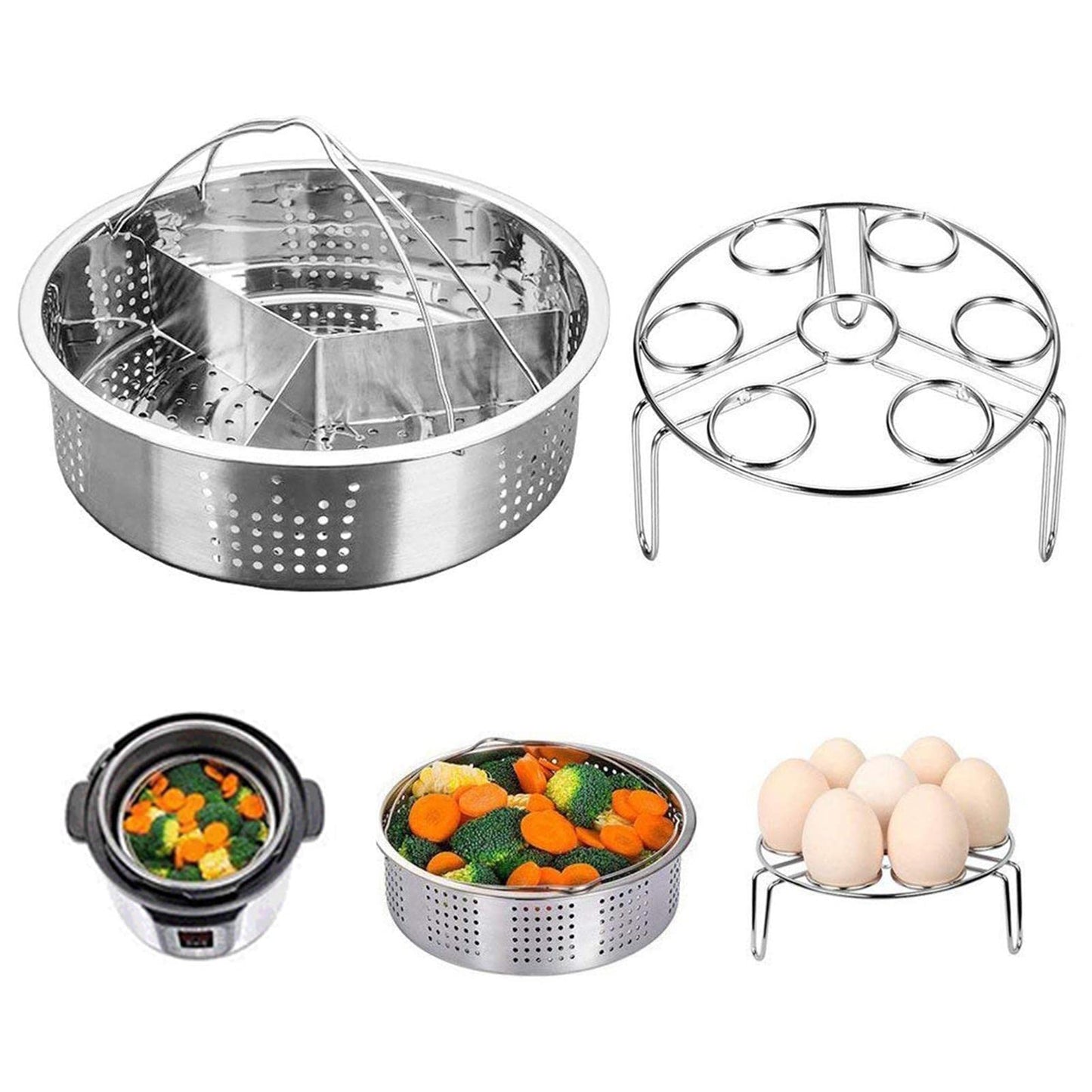 Steam Baskets with Egg Steam Rack, Food Grade Stainless Steel Steam-Holder Tray Trio Separator Set, Cooking Accessories for Vegetable, Fish, Meat Compatible with Instant Pot, Electric Pressure Cooker