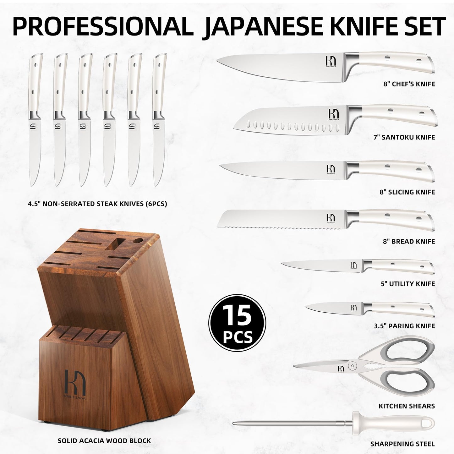 KnifeSaga Kitchen Knife Set Premium, Japanese High Carbon Stainless Steel 15 Pcs Enduring Ultra Sharp Knife Block Set with Sharpener and Wood Block, Professional White Chef Knives set for Kitchen