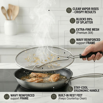 HOMEAVA Splatter Screen for Frying Pan 3-Piece Set - Stainless Steel Grease Splatter Guard (13", 11.4", 9.8") - Oil Splash Guard & Fine Mesh Cover for Cooking Bacon
