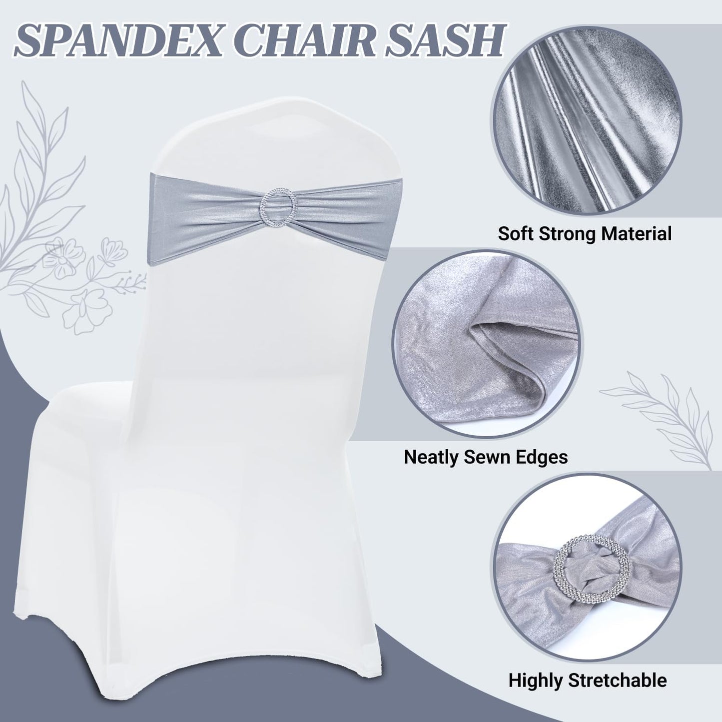 MDS Spandex Foil Chair Sashes - Universal Elastic Stretch Bands with Buckle for Weddings | Metallic Silver, Pack of 200