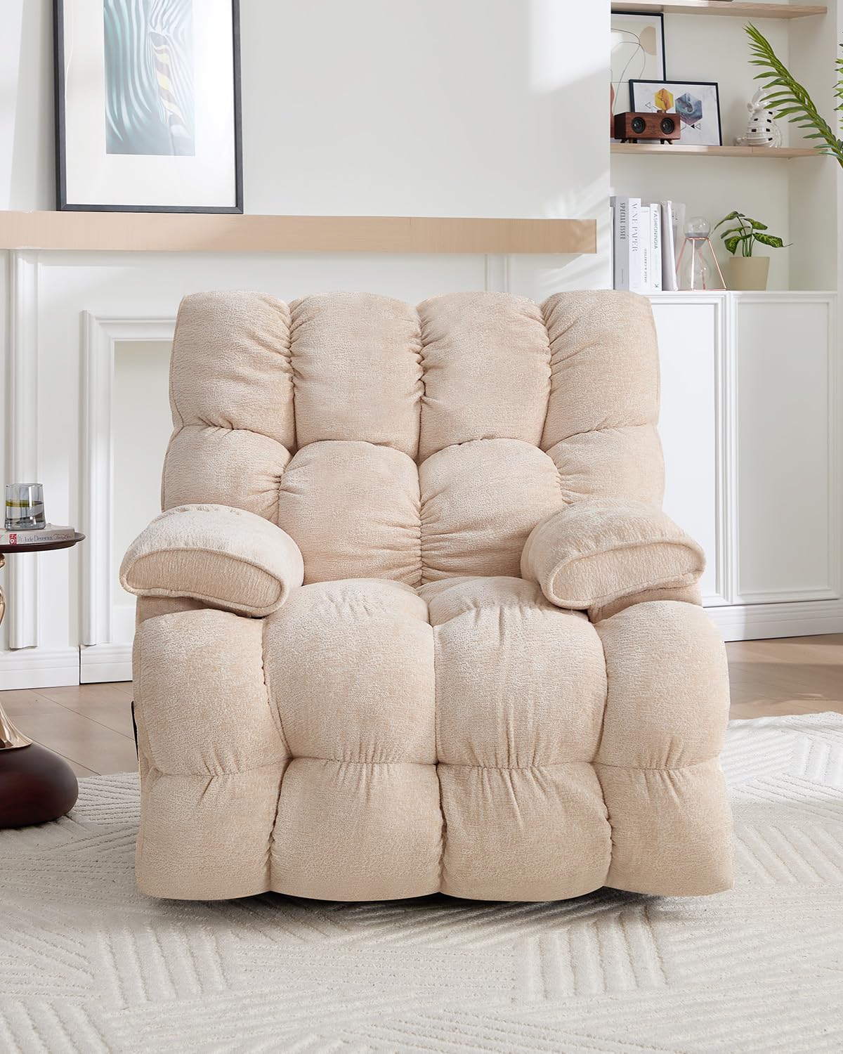GARTMILAN Oversized Manual Recliner Chair with 360° Swivel, Big and Tall Rocker Glider for Nursery Living Room, Chenille Overstuffed Reclining Sofa with Handle, 375lbs (Beige, Manual)