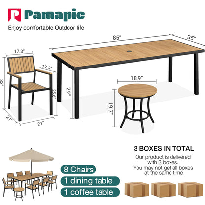 Pamapic 10-Piece Outdoor Dining Set, Patio Aluminum Furniture with Plastic-Wood Table Top & 8 Stackable Chairs, Outdoor Furniture Set for Patio Garden Poolside (Teak)