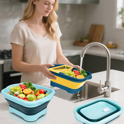 2Pack Collapsible Dish Basin with Drain Plug and Portable Sink, 11L(2.91 Gallon) Collapsible Bucket with Sink, Foldable Wash Basin for Station Campin/Camping/Rv/Kitchen (Green and Yellow)