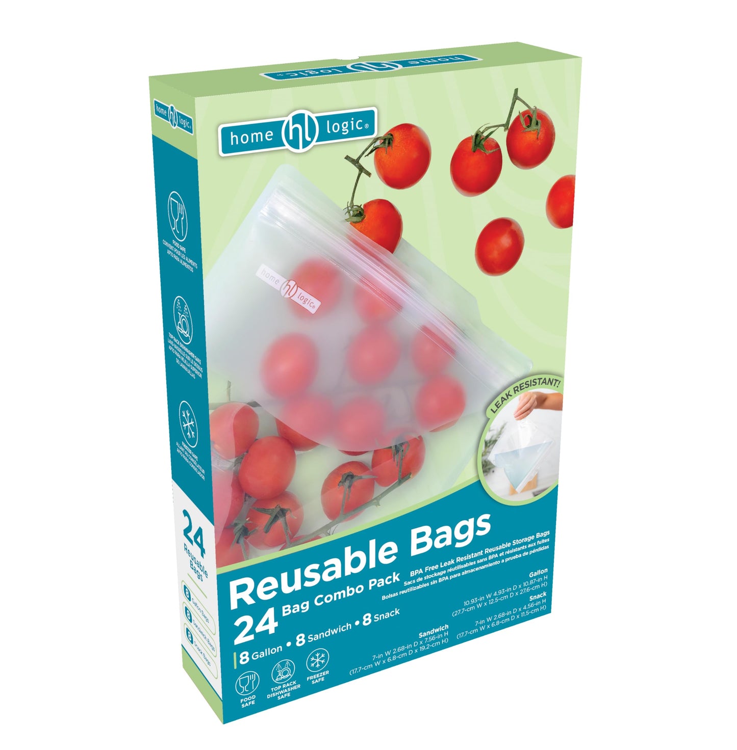 Home Logic Reusable Bag Combo Pack – 24 Leak Proof Food Storage Bags for Snacks & More – 8 Gallon Bags, 8 Sandwich Bags & 8 Snack Bags