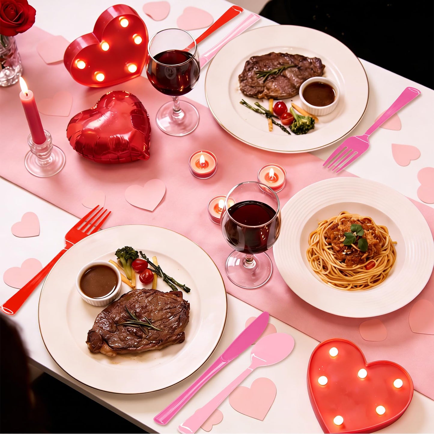 153 Pcs Valentine's Day Plastic Silverware Heavy Duty Disposable Tableware Sets Includes Spoons Forks Knives for Valentine's Day Party Decorations (Pink, Hot Pink, Red)