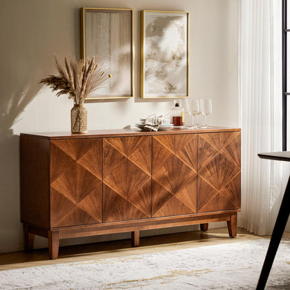 Mid Century Modern Walnut Console Cabinet - 60" Sideboard Buffet with Adjustable Shelves and Handles for Living Room, Kitchen