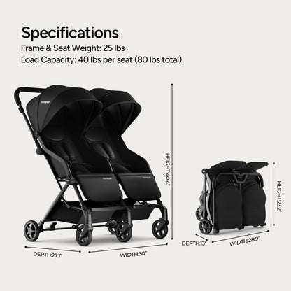 Mompush Lithe Double Stroller for Infant and Toddler, Lightweight Side by Side Twin Stroller, Only 25 lbs, 30-Inch Slim Fit Through Doorways, One-Step Fold, Independent Recline, UPF 50+ Canopy