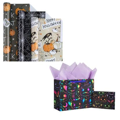 LeZakaa Halloween Wrapping Paper Roll & 13" Gift Bag with Tissue Paper, Gift Tag, and Card, Evil Pumpkin Fluorescent Black