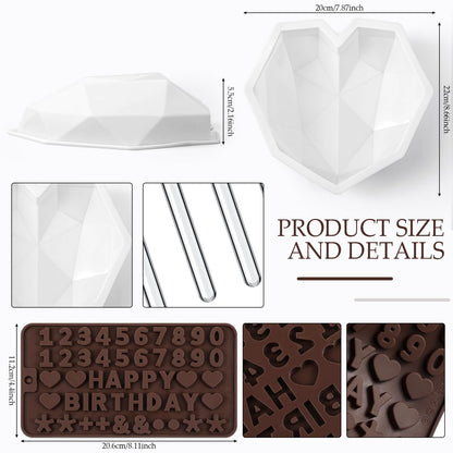 Reallnaive 12 Pieces Cake Baking Set Include Cookie Decorating Brushes Fondant and Gum Paste Tool, Diamond Heart Silicone Mold, Number Letter Chocolate Molds for Sugar Cookie Supplies