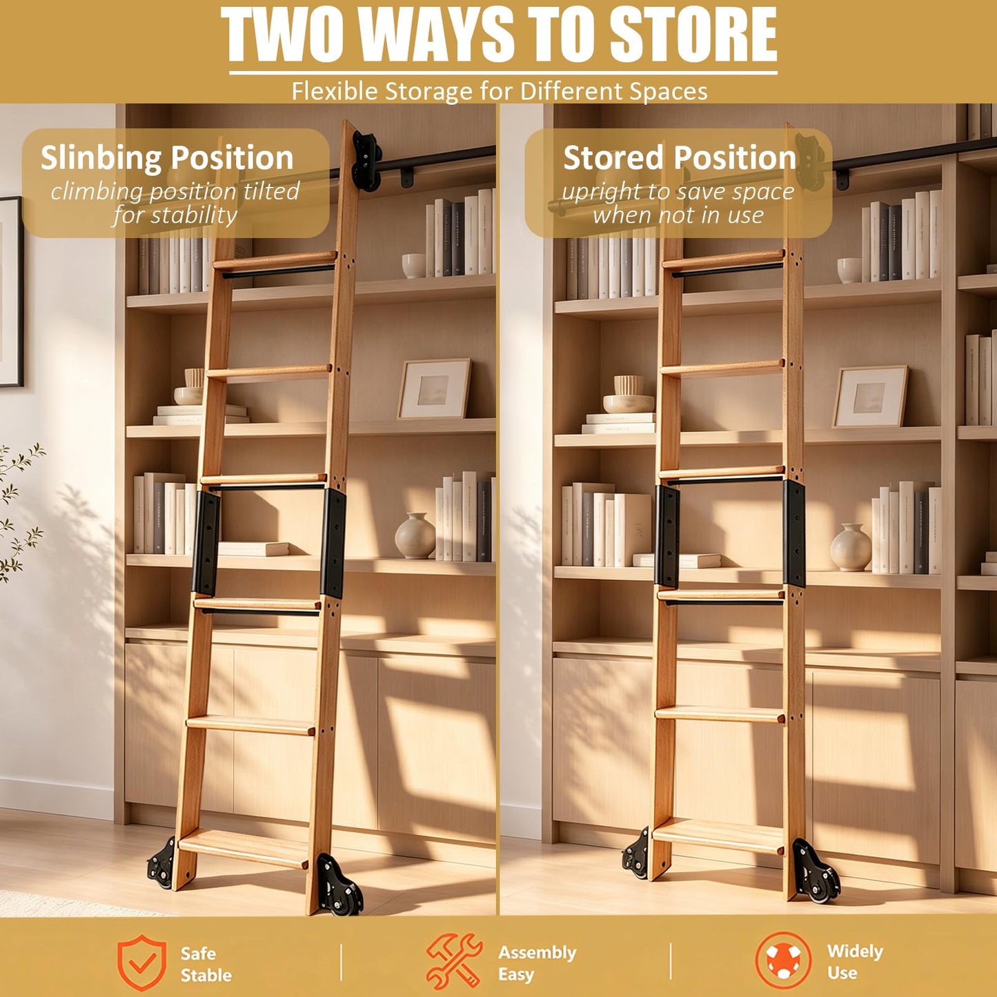Leinuosen 86 Inch Rolling Library Ladder with 4FT Track Kit, Solid Oak Wood Ladder with Braking Wheels, Sliding Kit for Home, Bookshelf, Loft(Suitable for Installation Height 80-3/4")