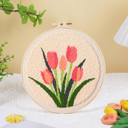 KESTAR Punch Needle Embroidery Starter Kits, Pink Tulip Flower Punch Needle Kits for Adults Beginner, Needle Punch Kit Tool with Instruction Threader Fabric Yarns and Hoop