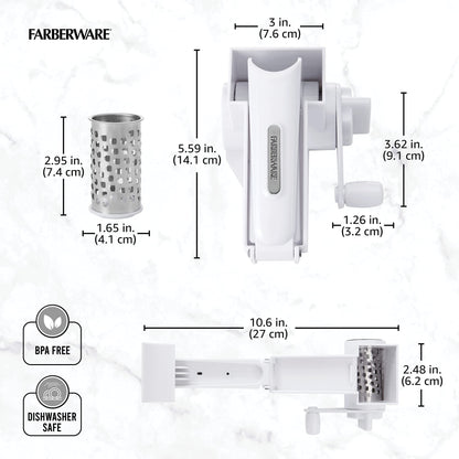 Farberware Professional Rotary Grater with Fine Etched Stainless Steel Drum, 4.33x5.51x3.54 Inch, White