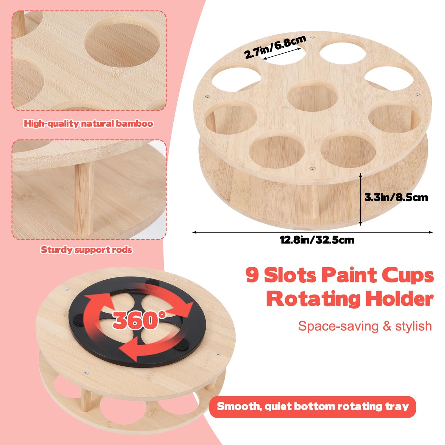 Painting Cups with Rotating Holder 9pcs No Spill Paint Cup with Colored Lids Paintbrushes Waterproof Smock Spill Proof Art Painting Containers Supplies
