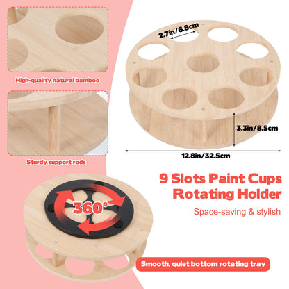 Painting Cups with Rotating Holder 9pcs No Spill Paint Cup with Colored Lids Paintbrushes Waterproof Smock Spill Proof Art Painting Containers Supplies