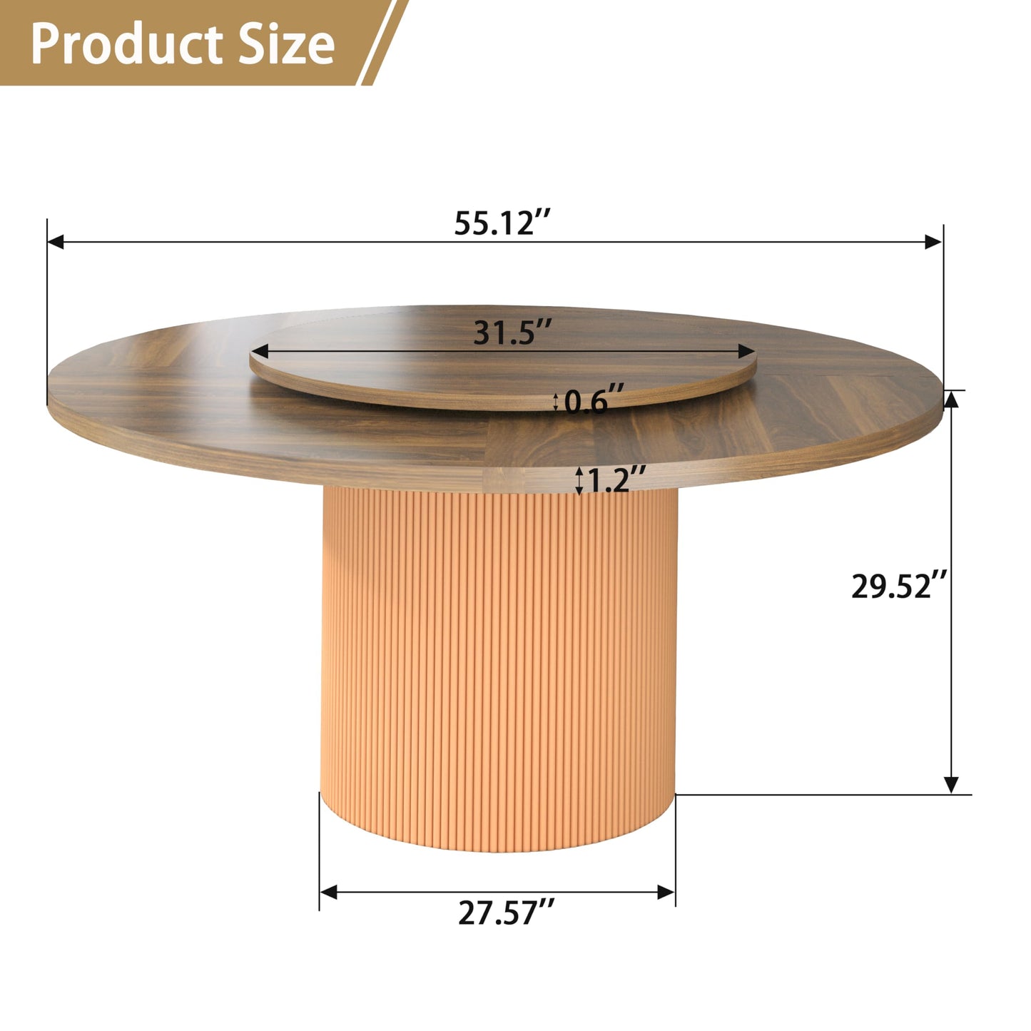 55 Inch Round Dining Table for 6 with Lazy Susan, Modern Farmhouse Kitchen Table with Wood Strip Base for Dining Living Room, Brown
