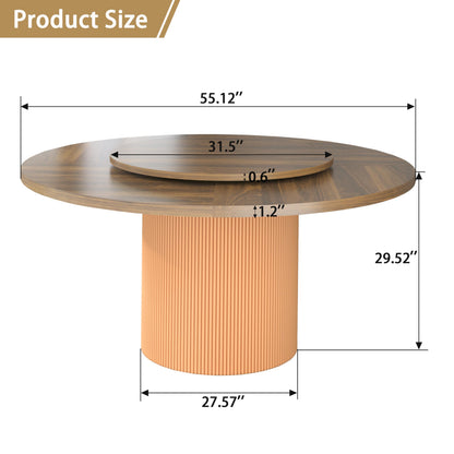 55 Inch Round Dining Table for 6 with Lazy Susan, Modern Farmhouse Kitchen Table with Wood Strip Base for Dining Living Room, Brown