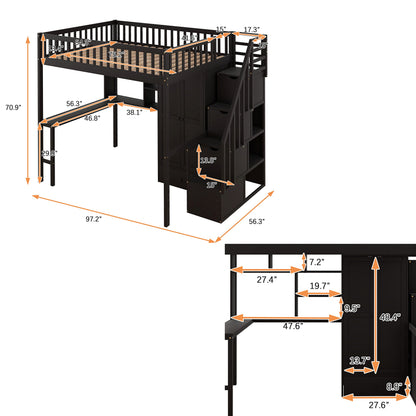 Full Size Loft Beds Stairway Loft Bed Frame with Wardrobe, Desk, Bookcase and Drawers, Espresso