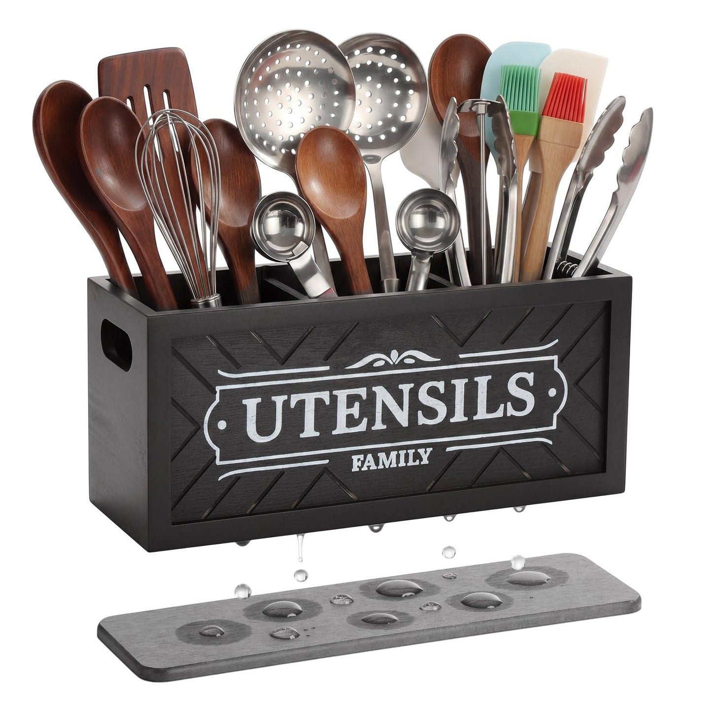 Novabright Extra Large Kitchen Utensils Holder with Drying Mat 13.8 Inch Wooden Utensil Organizer for Kitchen Countertop with 3 Compartments Cooking Storage Caddy Rustic Farmhouse Decor