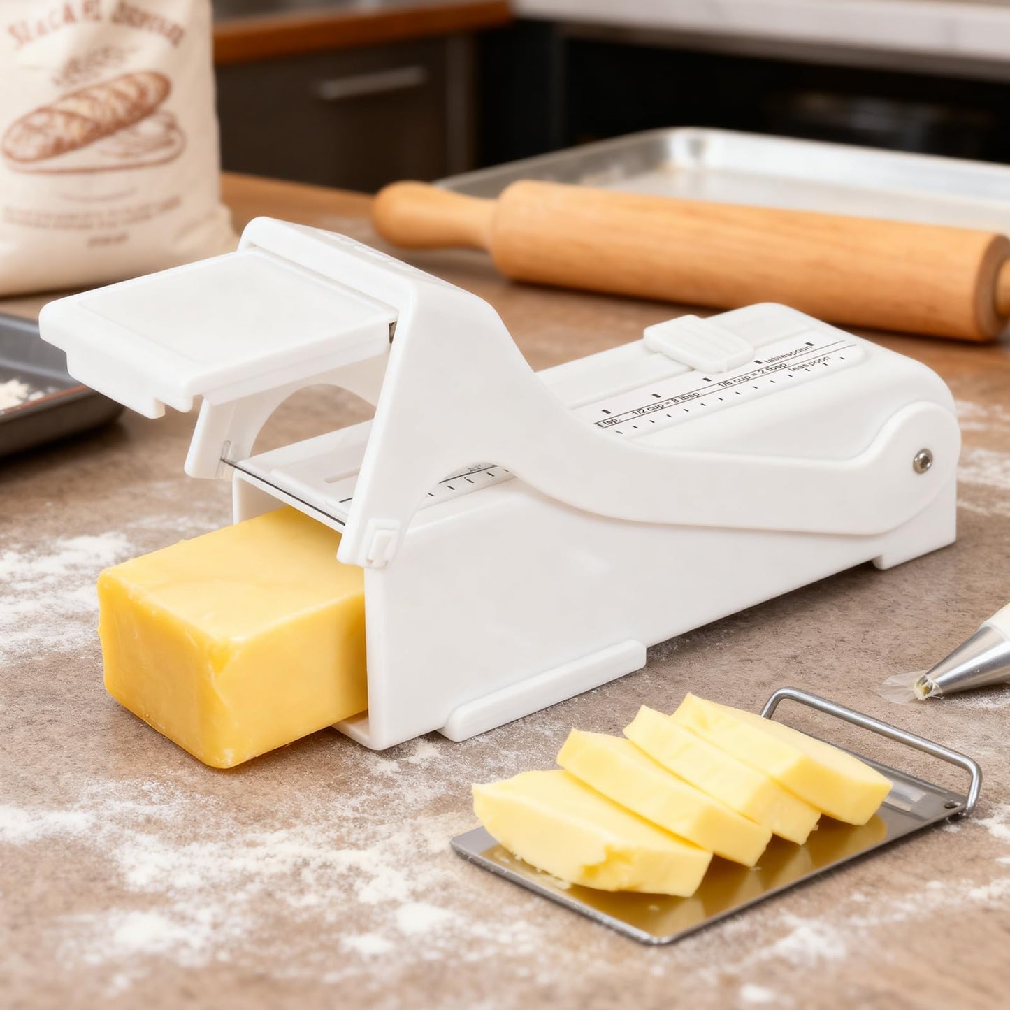 ZxlFiersp Butter &Cheese Cutter, Adjustable thickness Stainless Steel Wire Cheese Slicer,Butter Slicer for Squares,Multipurpose Handheld Food Measuring Dispensers For Block Cheese, Butter,Soft Foods