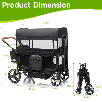 Voupou Wagon Stroller for 2 Kids,Push Pull Wagon with Adjustable Handle, Folding Wagon with Canopy & Mosquito Net, All-Terrain Wheels,Cup Holder & Snack Tray,Storage&Mom Bag,for Camping Beach Travel