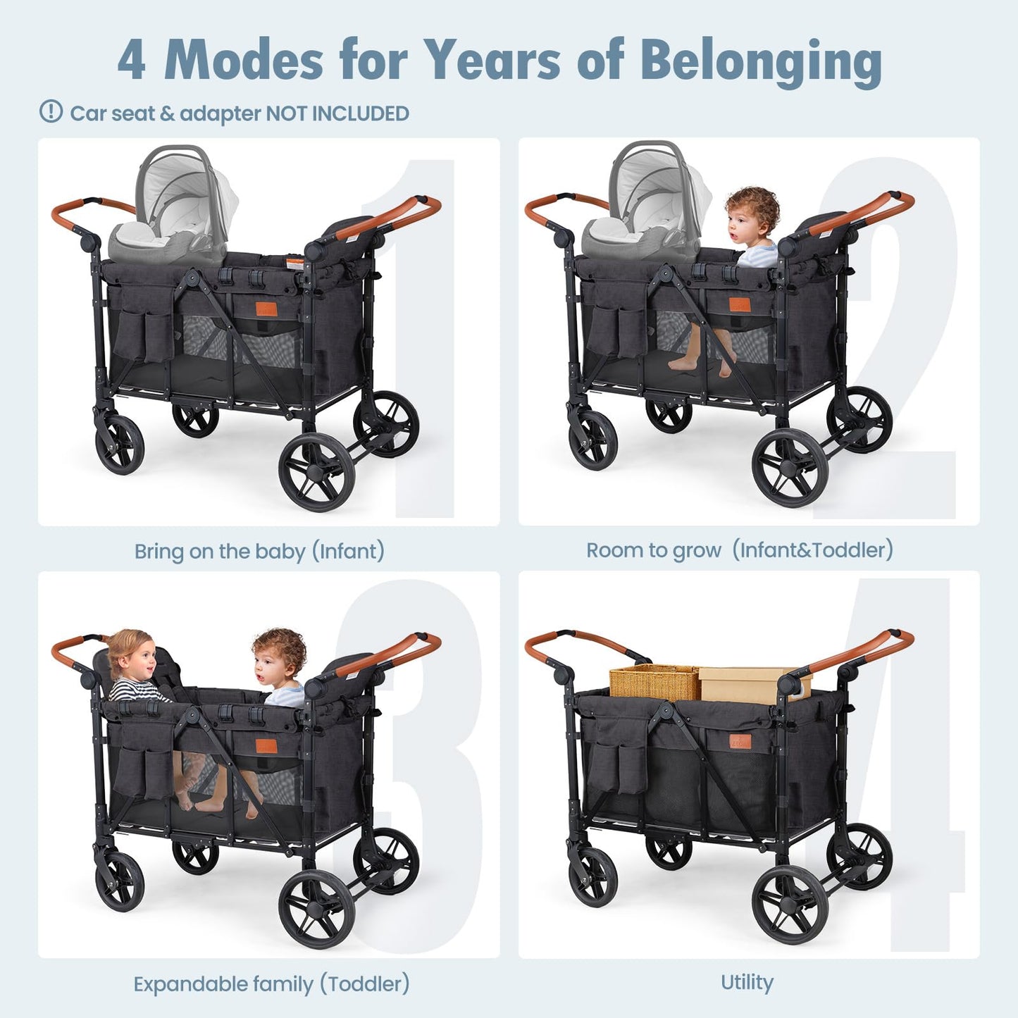 ZTDM Wagon Stroller for 4 Kids, All-Terrain Wagon for Toddler with Canopy, Parent Organizer, Shoulder Bag, Adjustable Handlebar, Phone Holder, High Seat & 5 Point Harness, Ultimate Quad (Black)