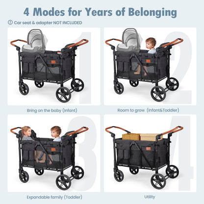 ZTDM Wagon Stroller for 4 Kids, All-Terrain Wagon for Toddler with Canopy, Parent Organizer, Shoulder Bag, Adjustable Handlebar, Phone Holder, High Seat & 5 Point Harness, Ultimate Quad (Black)