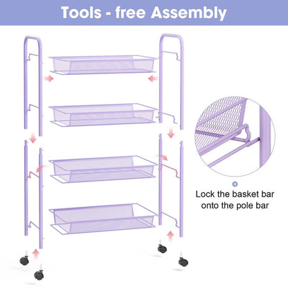 TOOLF 4-Tier Rolling Cart, Metal Utility Cart with 3 Hooks, Easy Assemble Mobile Storage Trolley On Wheels, Metal Shelving Units Kitchen Bathroom Laundry Room
