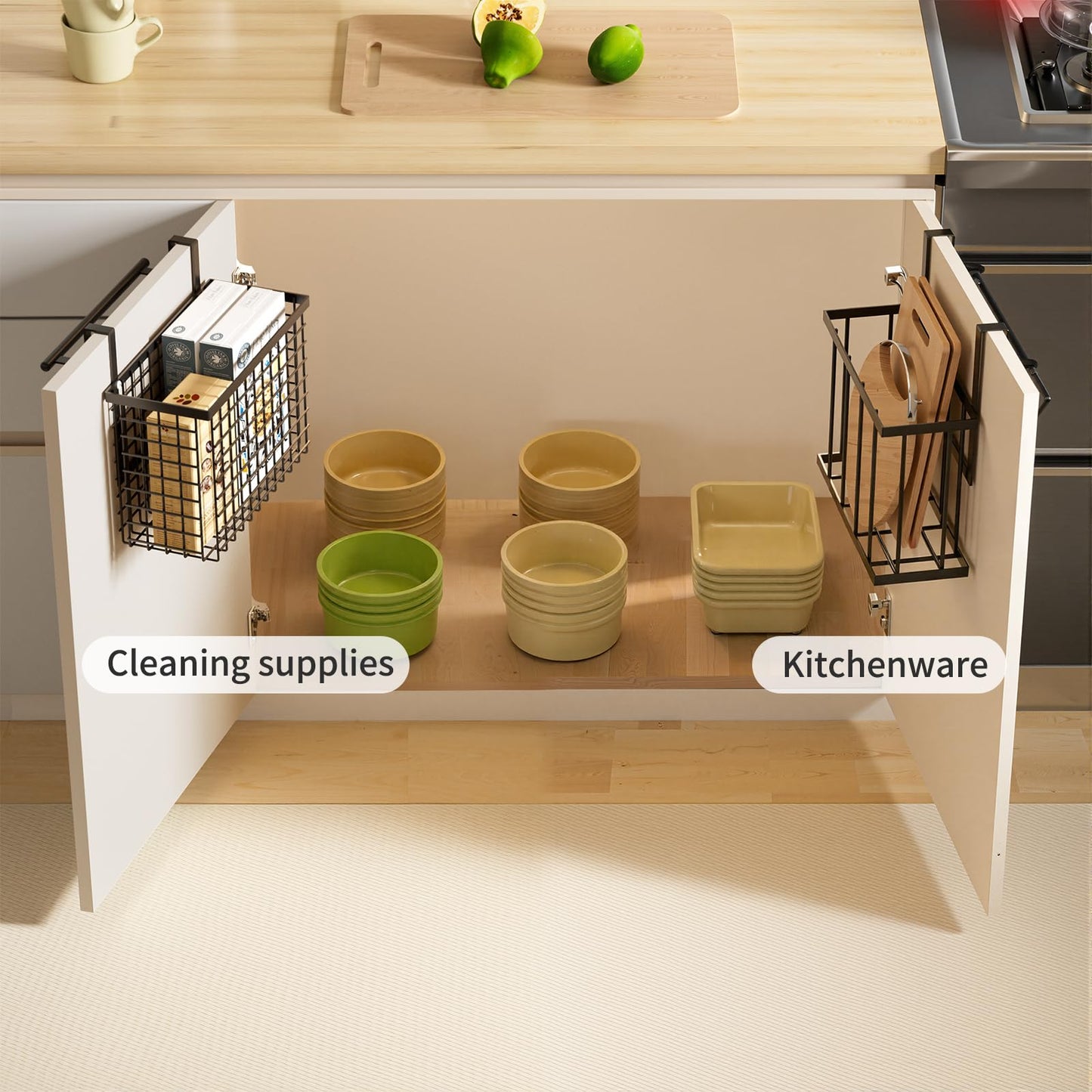 DTUQYX 3 Pack Cabinet Door Organizer - Adjustable Over Cabinet Door Organizer with Towel Rack and Small Basket, Over The Cabinet Door Storage for Kitchen Supplie, Cleaning Supplie and Cutting Board