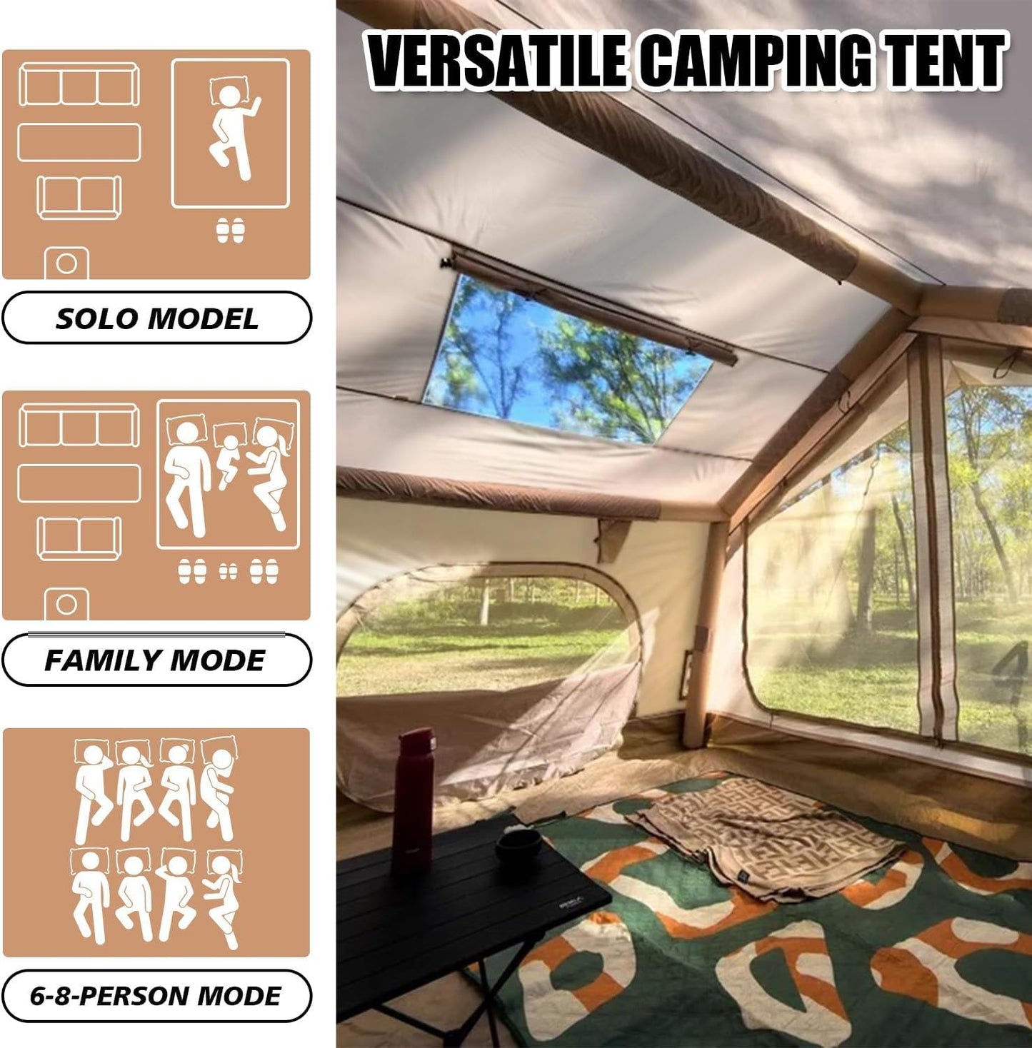 10' x 8' Inflatable Camping Tent for 6-8 People, 4 Season Blow up Tent with Rainfly, Easy Setup Air Pump, Waterproof pad, Luxury Inflatable Hot Tent with Stove Jack for Camping