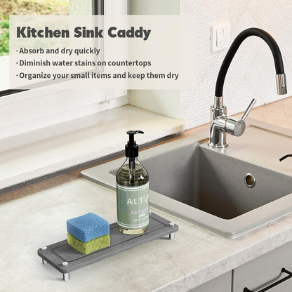 Johamoo Kitchen Sink Caddy Water Absorbing Stone Tray For Sink, Diatomite Bathroom Countertop Tray Organizer, Faucet Stone Drying Mat Coaster Soap Dish Sponge Dispenser Holder (Grey)